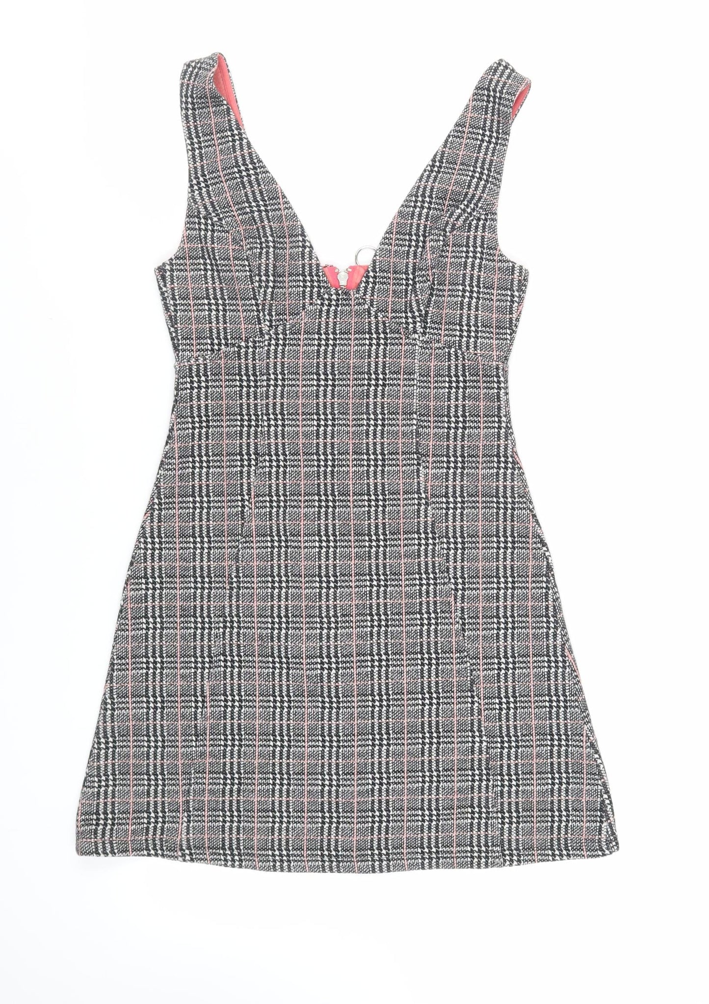 TOPS Womens Grey Plaid Cotton Pinafore/Dungaree Dress Size 6 V-Neck Zip