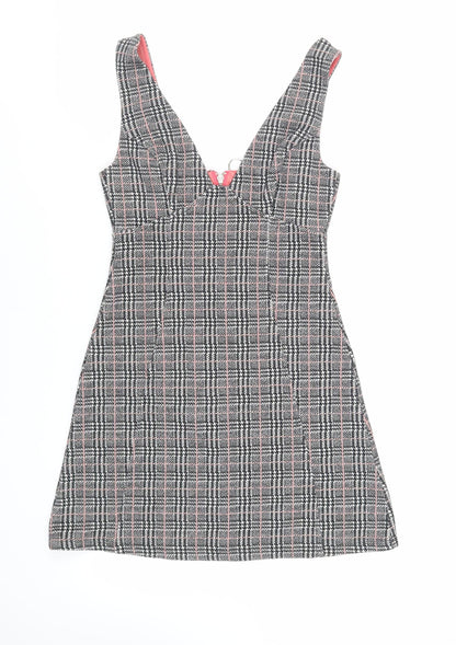 TOPS Womens Grey Plaid Cotton Pinafore/Dungaree Dress Size 6 V-Neck Zip