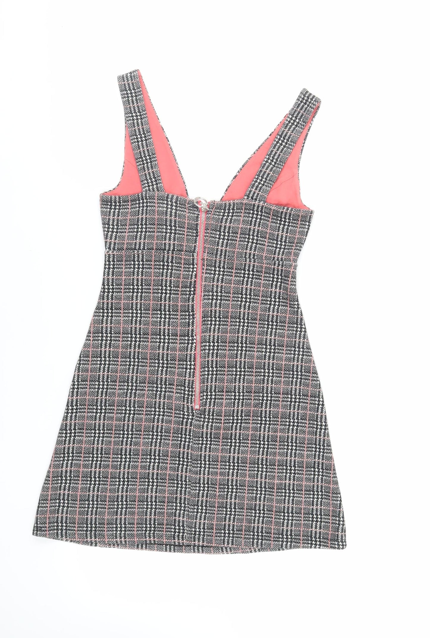 TOPS Womens Grey Plaid Cotton Pinafore/Dungaree Dress Size 6 V-Neck Zip