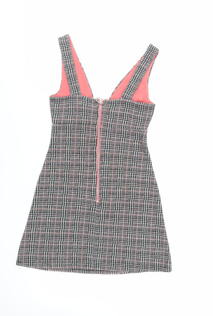TOPS Womens Grey Plaid Cotton Pinafore/Dungaree Dress Size 6 V-Neck Zip