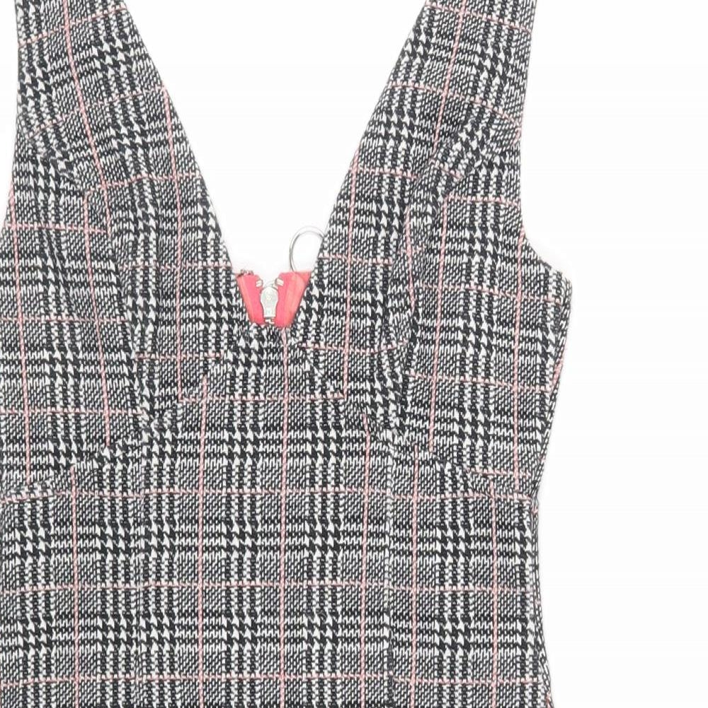TOPS Womens Grey Plaid Cotton Pinafore/Dungaree Dress Size 6 V-Neck Zip