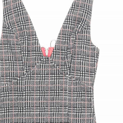 TOPS Womens Grey Plaid Cotton Pinafore/Dungaree Dress Size 6 V-Neck Zip