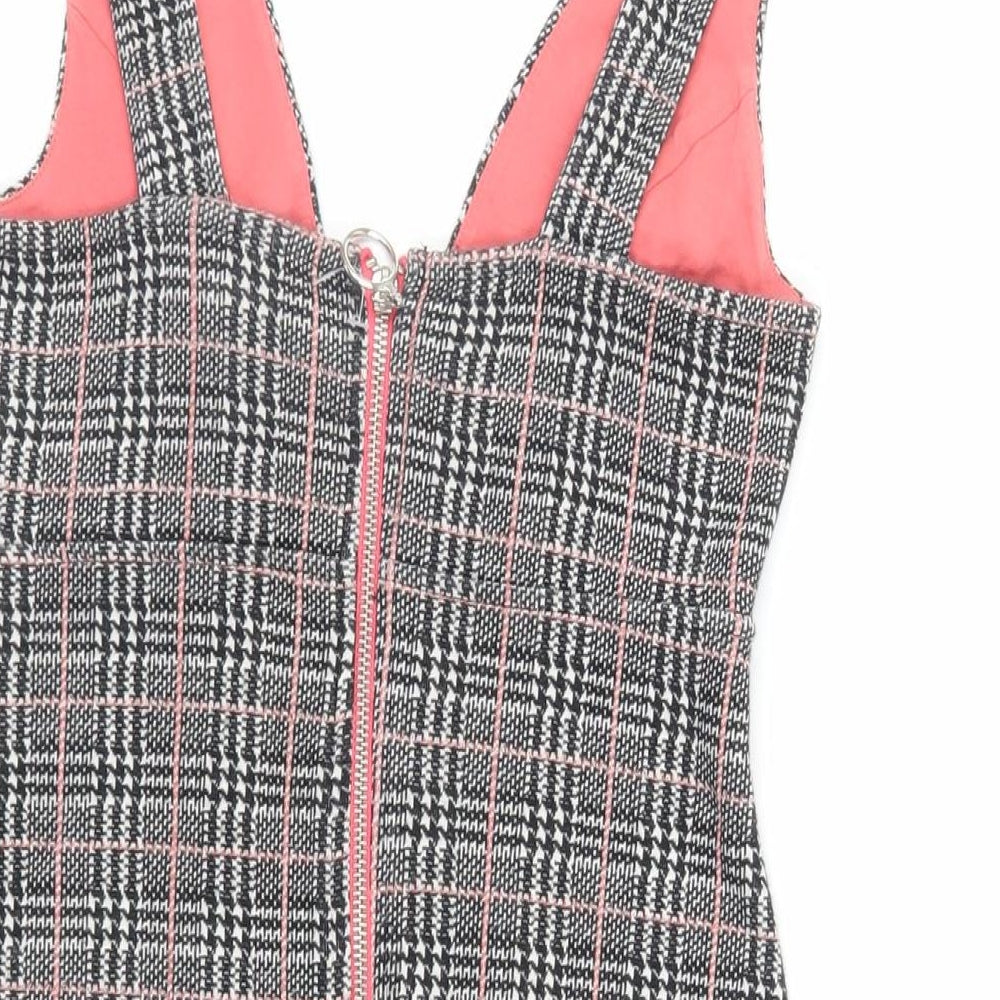 TOPS Womens Grey Plaid Cotton Pinafore/Dungaree Dress Size 6 V-Neck Zip