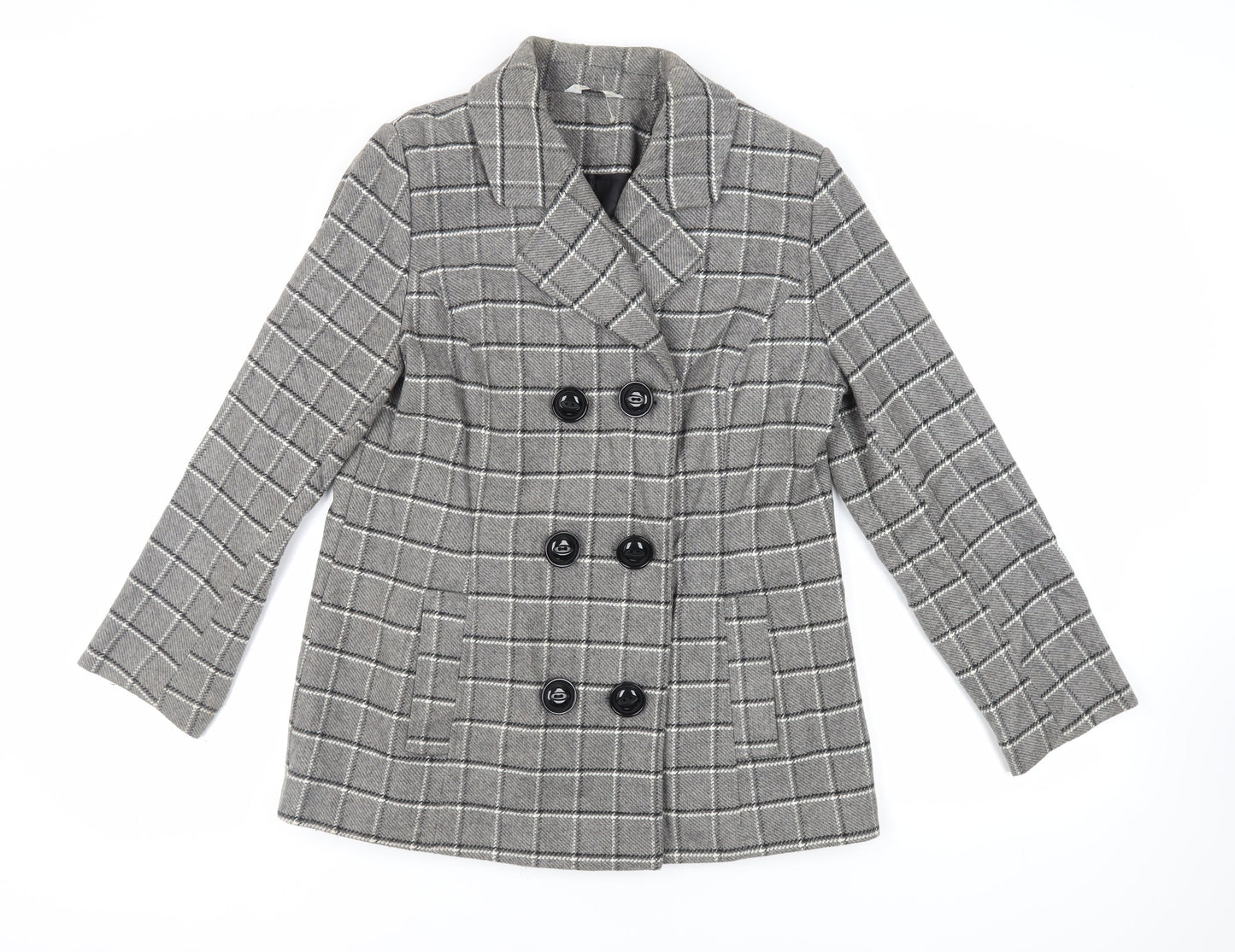 Classic Womens Grey Plaid Pea Coat Coat Size 14 Button
