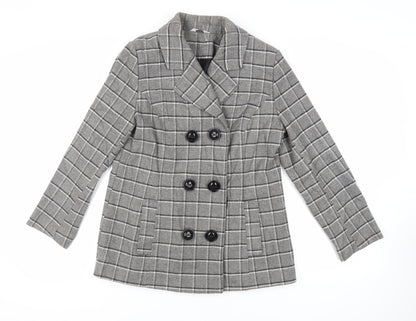 Classic Womens Grey Plaid Pea Coat Coat Size 14 Button