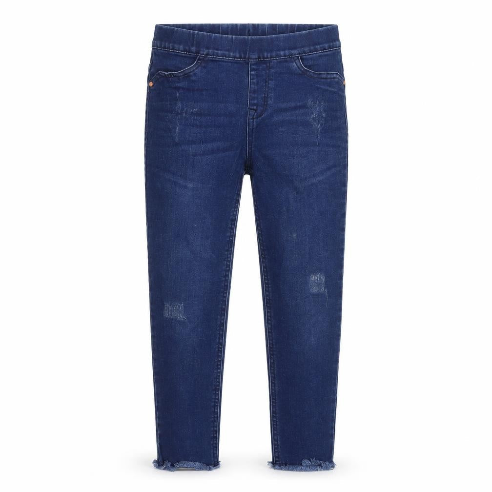 Front view of Denim & Co. girls’ blue cotton jegging jeans, size 8-9, years regular pullover
