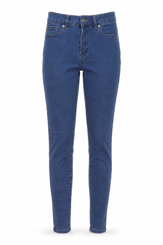 Front view of Denim & Co. women’s blue cotton skinny jeans, size UK 10, 28-inch leg regular button