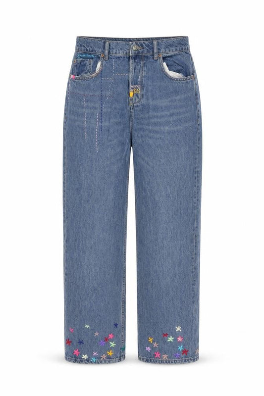 Front view of BDG women’s blue geometric cotton wide-leg jeans, size UK 32, in, 30-inch leg regular button