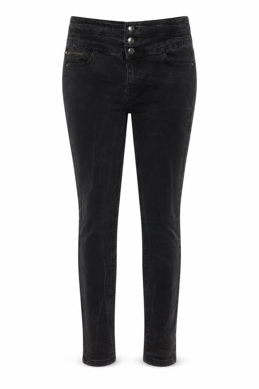Front view of Denim & Co. women’s black cotton skinny jeans, size UK 12, 29-inch leg regular button