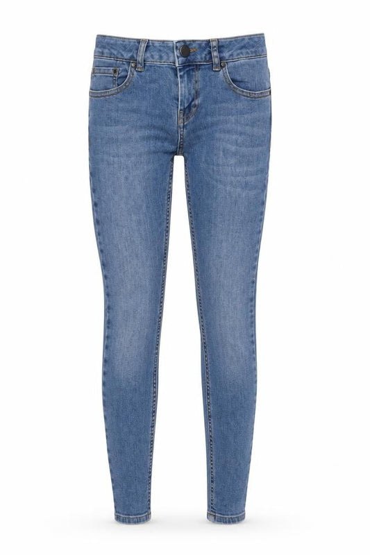 Front view of ASOS women’s blue cotton skinny jeans, size UK 25, in, 25-inch leg regular button