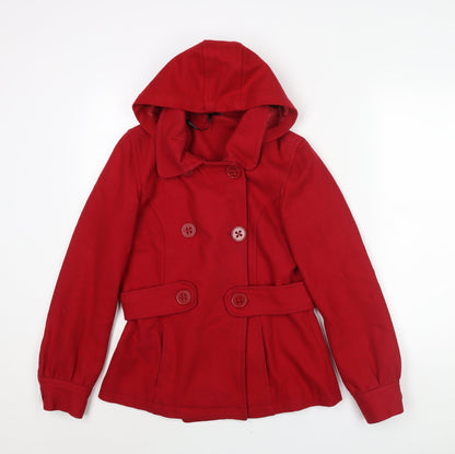 Fallen Legend Womens Red Pea Coat Coat Size 10 Button - Removable Hood Belt Detail
