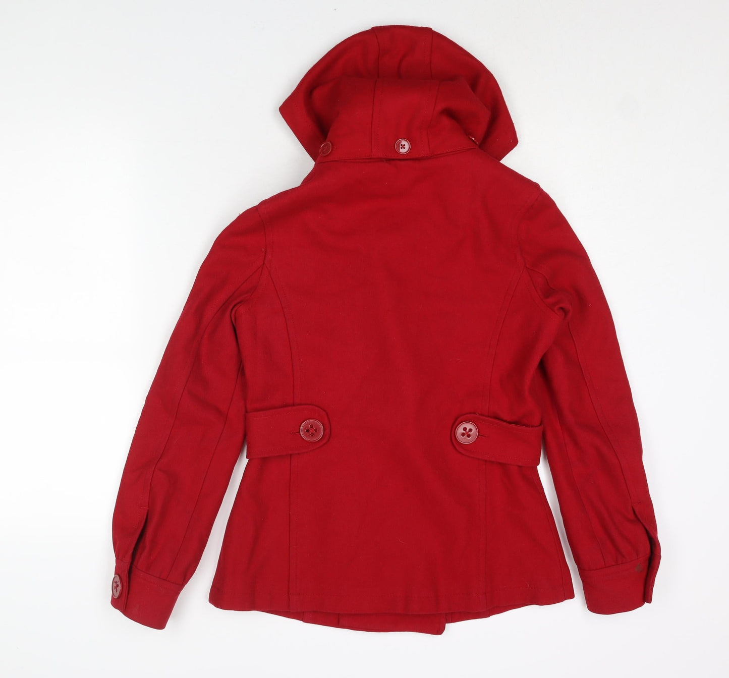 Fallen Legend Womens Red Pea Coat Coat Size 10 Button - Removable Hood Belt Detail