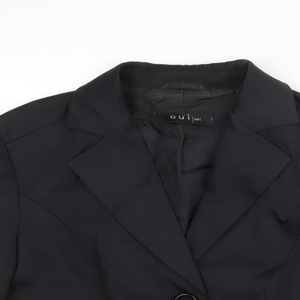 Close-up detail of Oui women’s black cotton jacket suit jacket, size UK 12