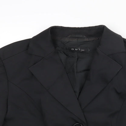 Close-up detail of Oui women’s black cotton jacket suit jacket, size UK 12