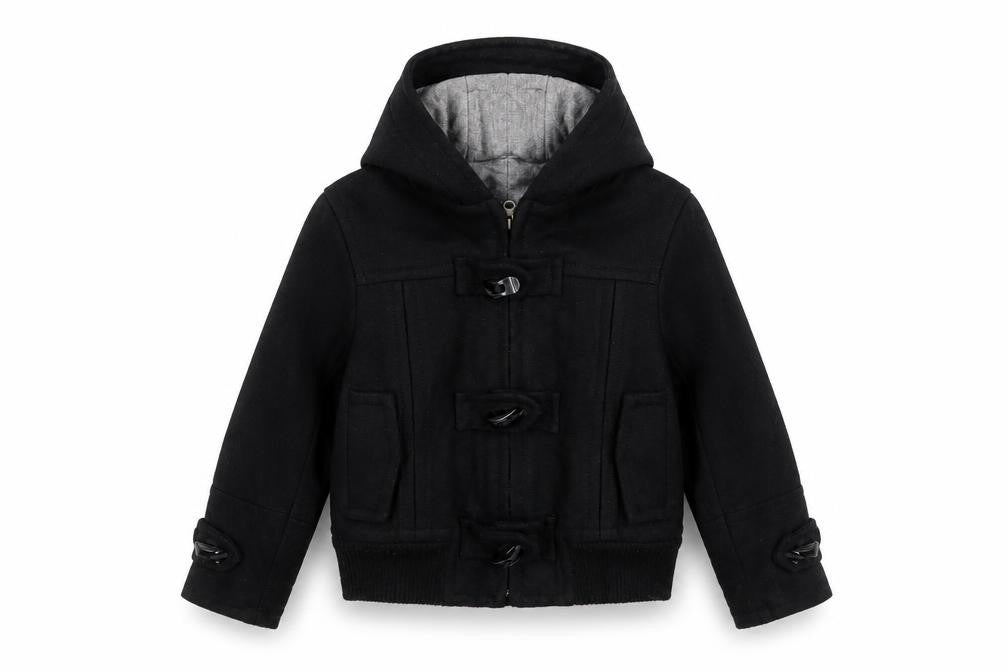 Front view of Zara boys’ black bomber jacket jacket, size 4-5, years zip - toggle hooded