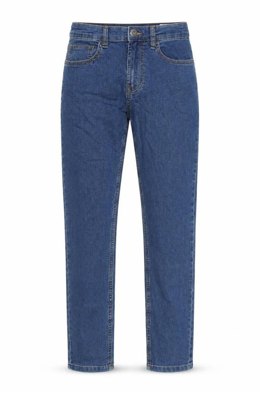 Front view of Denim & Co. women’s blue cotton blend straight jeans, size UK 30, in, 29-inch leg regular zip