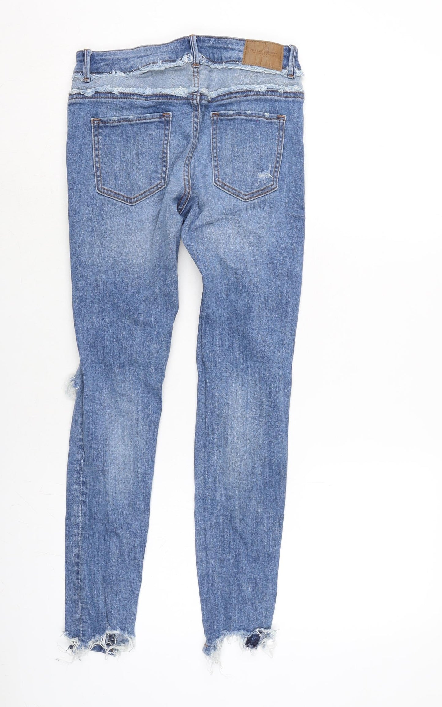 Zara Womens Blue Cotton Blend Tapered Jeans Size 6 L25.5 in Regular Zip - Raw Hem