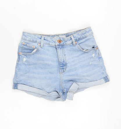 Bershka Womens Blue Cotton Boyfriend Shorts Size 10 Extra-Slim Zip - Distressed