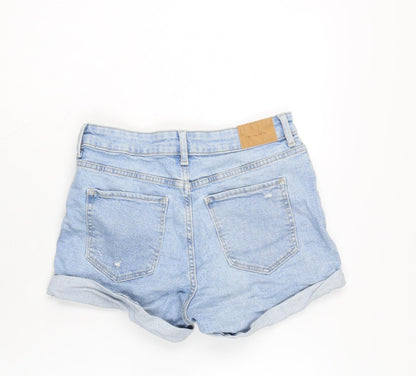 Bershka Womens Blue Cotton Boyfriend Shorts Size 10 Extra-Slim Zip - Distressed