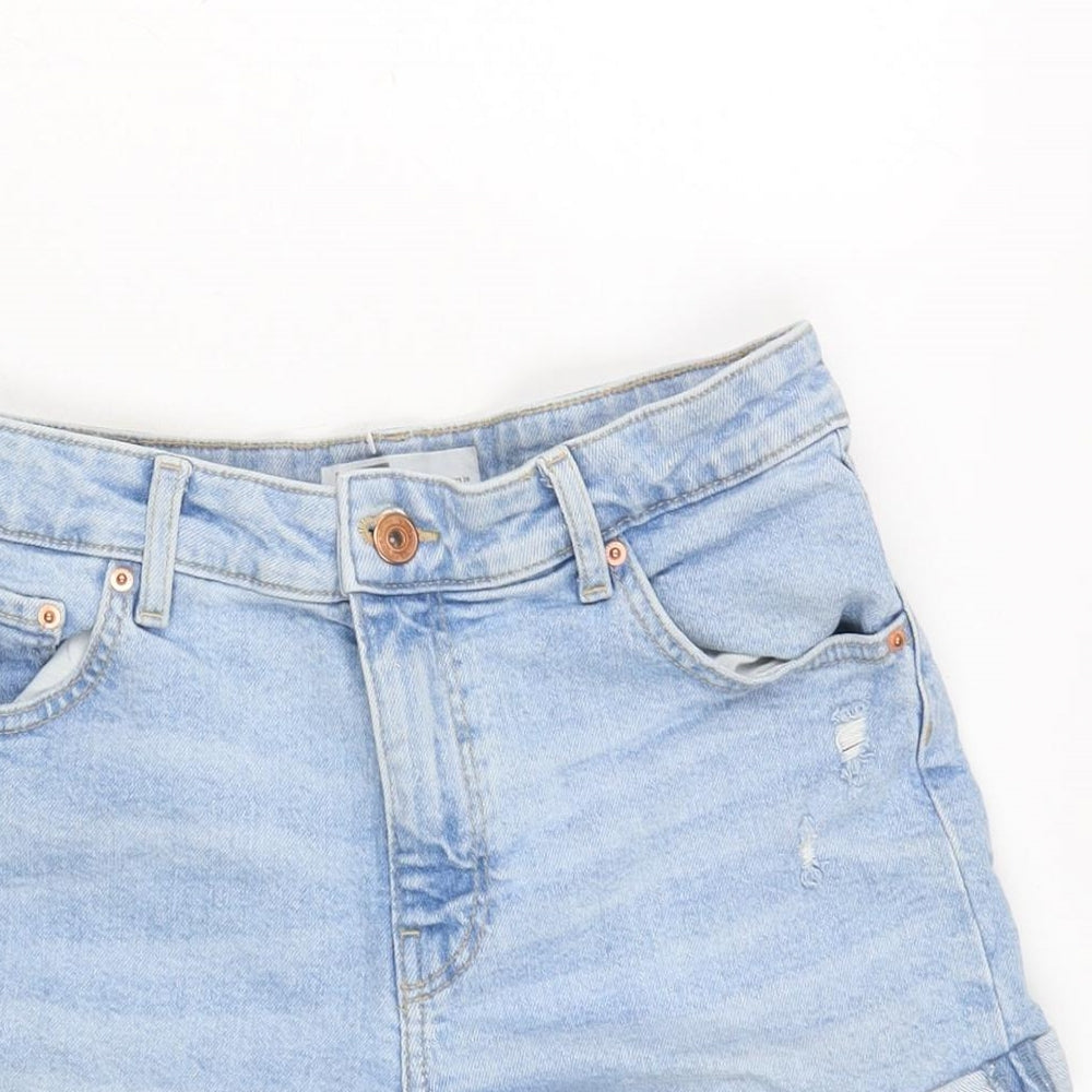 Bershka Womens Blue Cotton Boyfriend Shorts Size 10 Extra-Slim Zip - Distressed