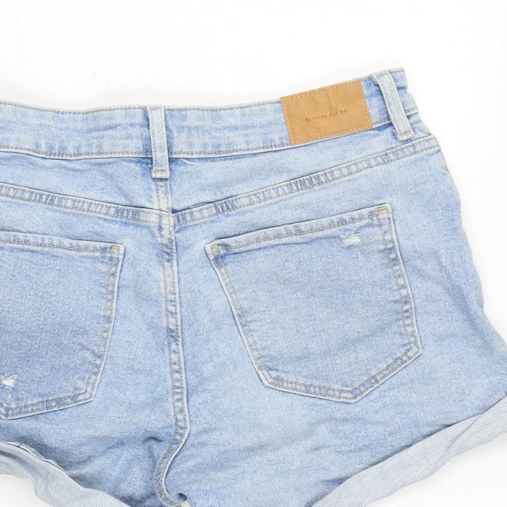 Bershka Womens Blue Cotton Boyfriend Shorts Size 10 Extra-Slim Zip - Distressed