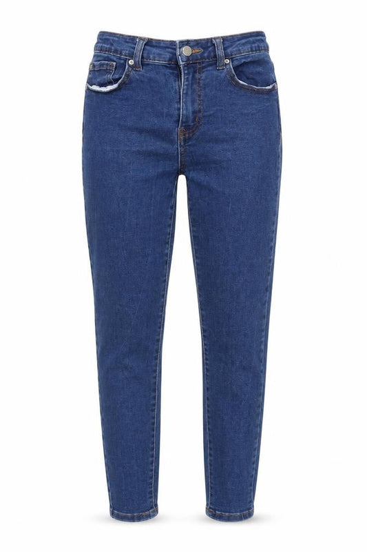 Front view of Denim & Co. women’s blue cotton blend tapered jeans, size UK 10, 25-inch leg regular zip