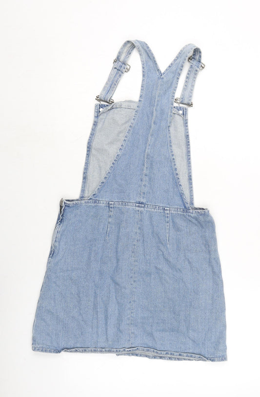 Topshop Womens Blue Cotton Pinafore/Dungaree Dress Size 10 Square Neck Zip - Adjustable Straps