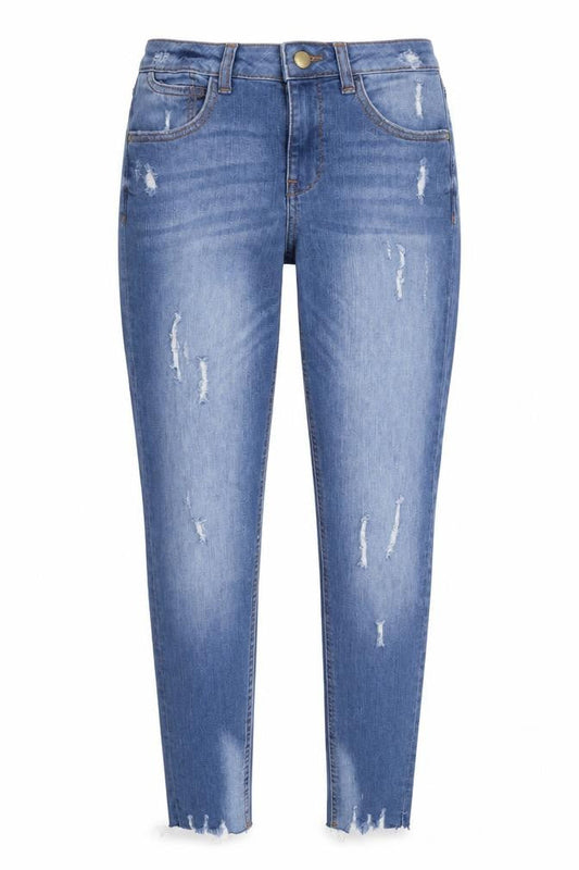 Front view of Denim & Co. women’s blue cotton blend tapered jeans, size UK 10, 28.5-inch leg regular zip