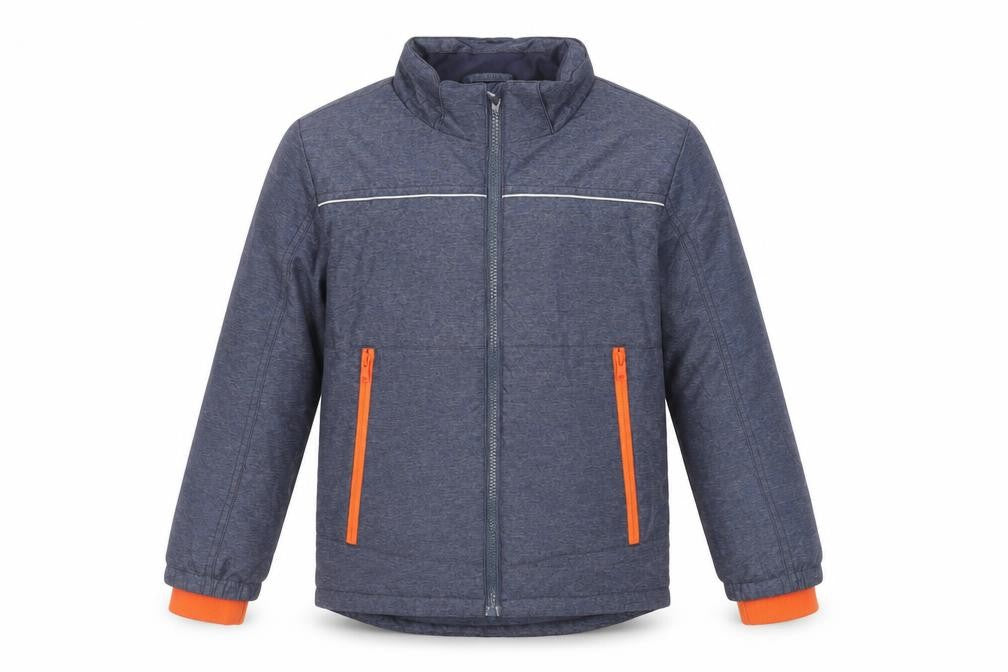Front view of H&M boys’ blue jacket, size 7-8, years zip - zipped pockets