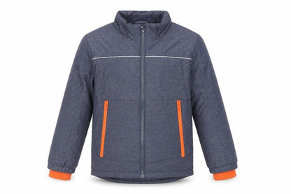Front view of H&M boys’ blue jacket, size 7-8, years zip - zipped pockets