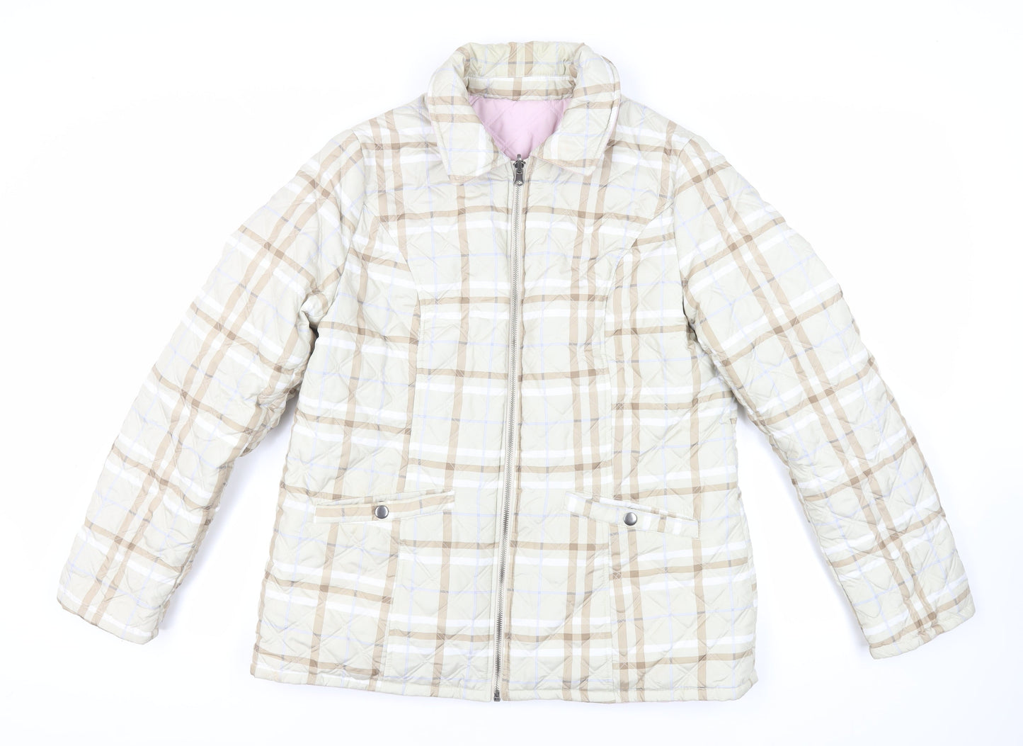 Damart Womens Beige Plaid Quilted Jacket Size 14 Zip - Reversible