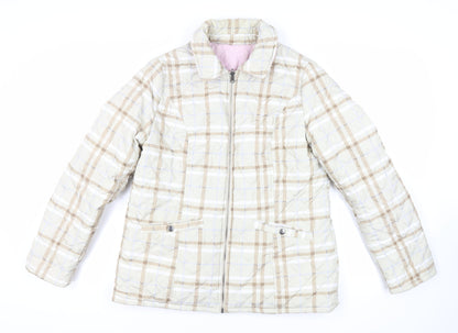 Damart Womens Beige Plaid Quilted Jacket Size 14 Zip - Reversible
