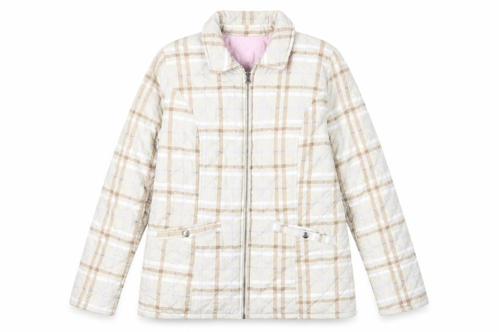 Damart Womens Beige Plaid Quilted Jacket Size 14 Zip - Reversible