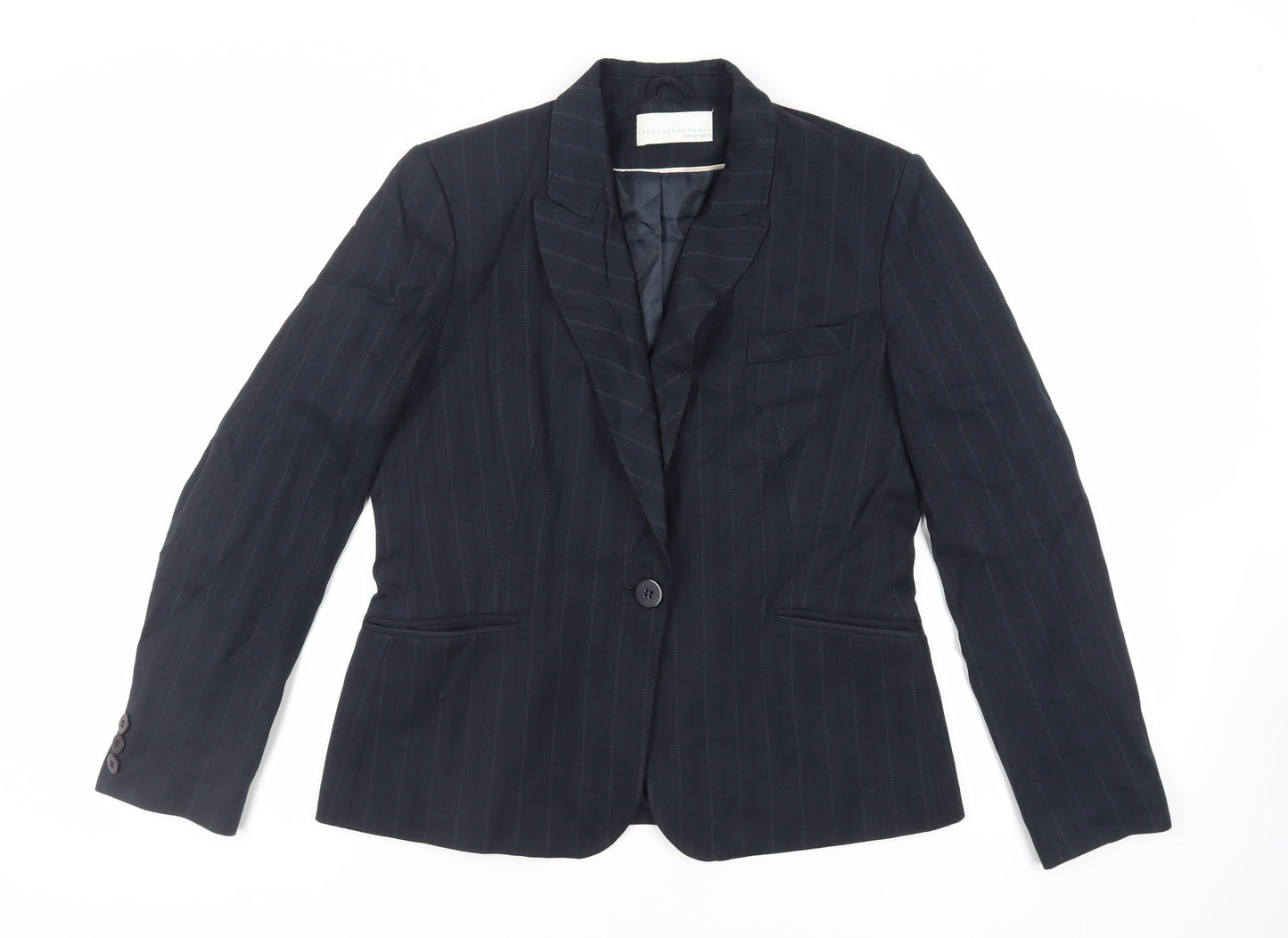 AMARANTO Womens Blue Striped Jacket Blazer Size 16 Button