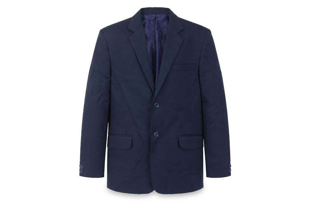Front view of Romario boys’ blue jacket blazer, size 12, years button