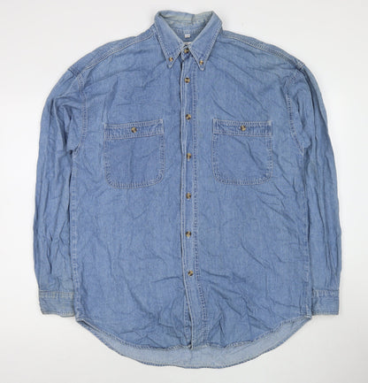 New Fast Mens Blue Cotton Button-Up Size M Collared Button