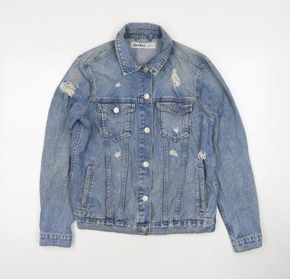 Additional front view of Authentic girls’ blue jacket, size 14-15, years button - distressed
