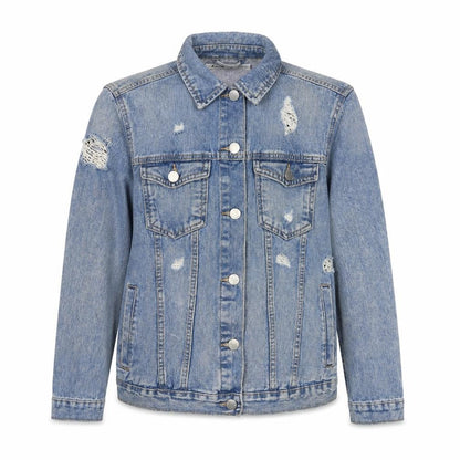 Front view of Authentic girls’ blue jacket, size 14-15, years button - distressed