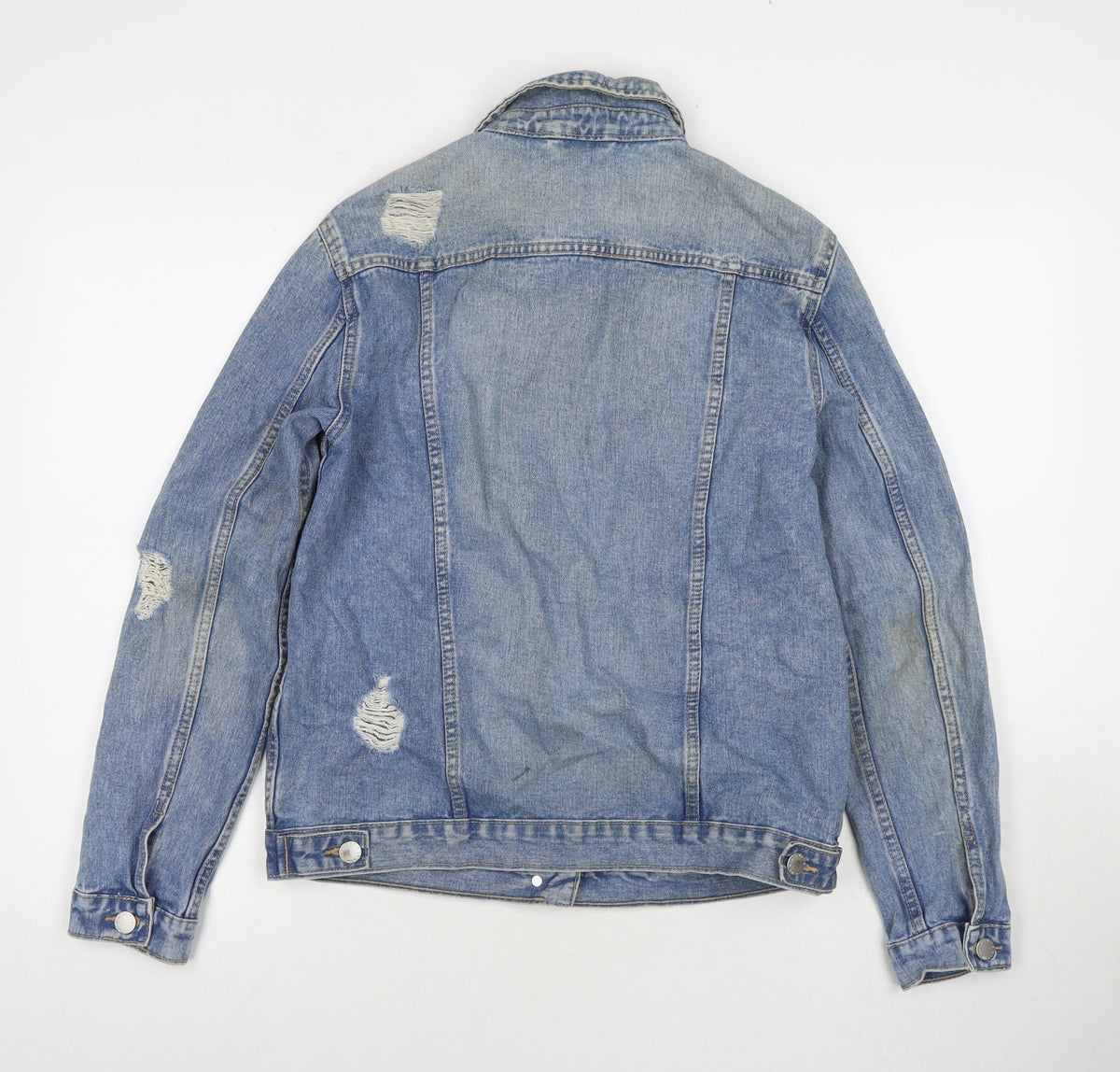 Back view of Authentic girls’ blue jacket, size 14-15, years button - distressed