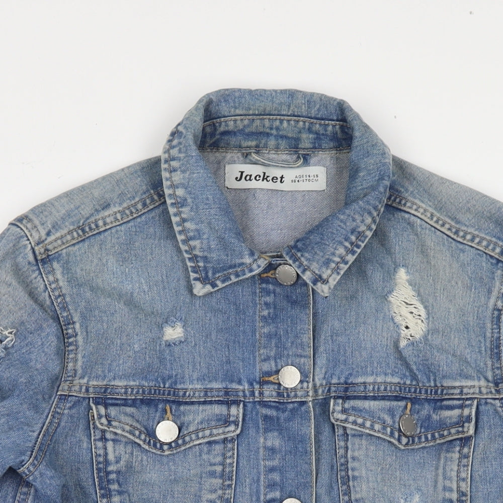 Close-up detail of Authentic girls’ blue jacket, size 14-15, years button - distressed