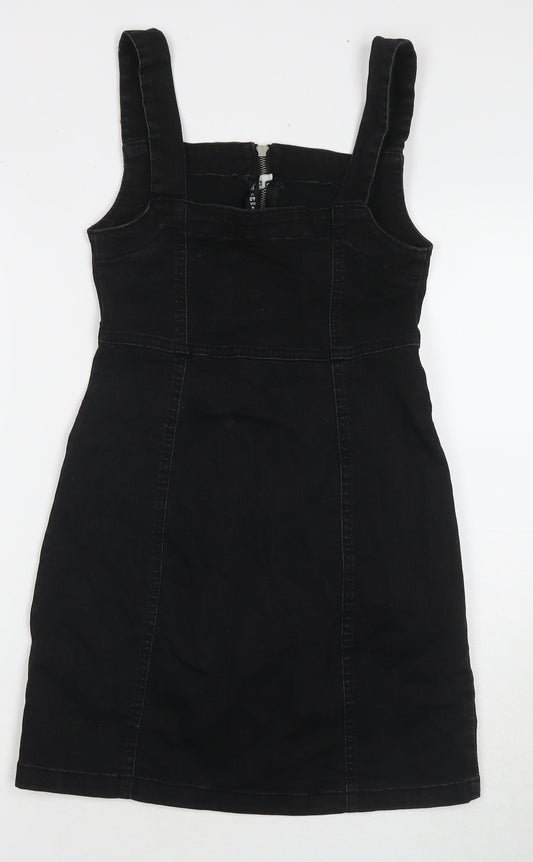 Denim & Co. Womens Black Cotton Tank Dress Size 8 Square Neck Zip