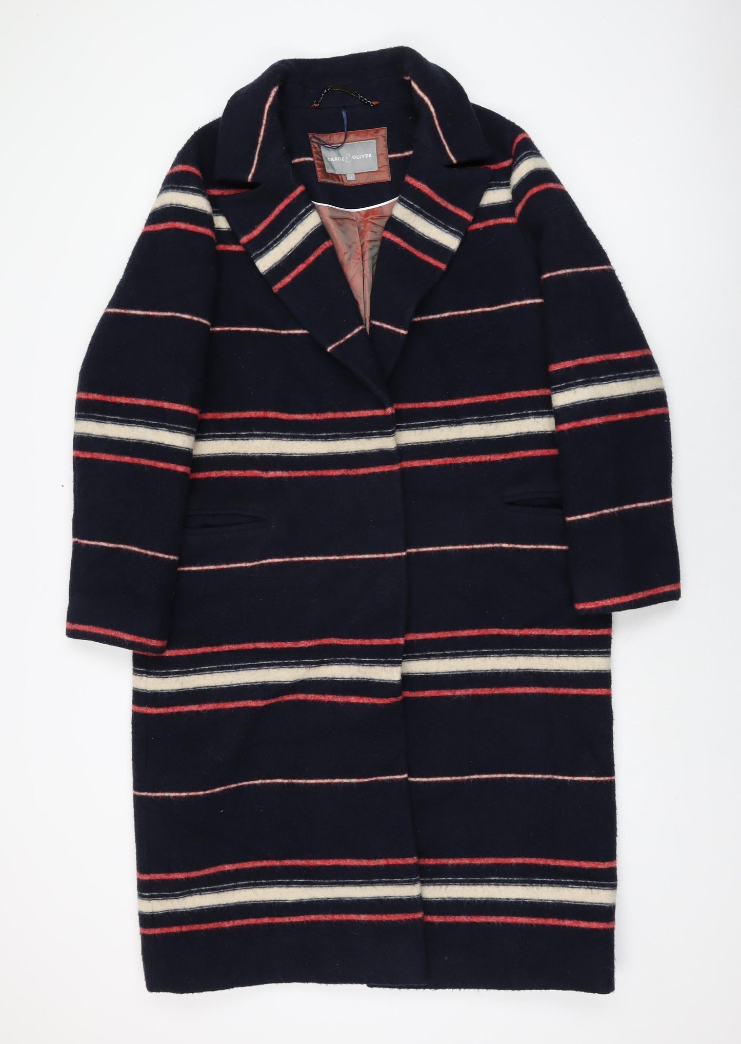 Grace&Oliver Womens Blue Striped Overcoat Coat Size 14 Snap