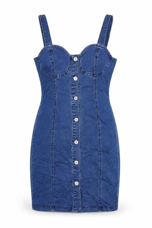 QED London Womens Blue Cotton Bodycon Size 10 Sweetheart Button