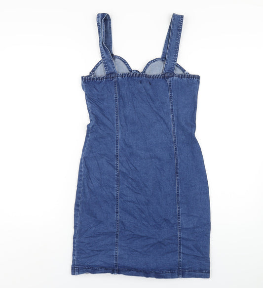 QED London Womens Blue Cotton Bodycon Size 10 Sweetheart Button