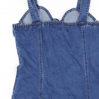 QED London Womens Blue Cotton Bodycon Size 10 Sweetheart Button