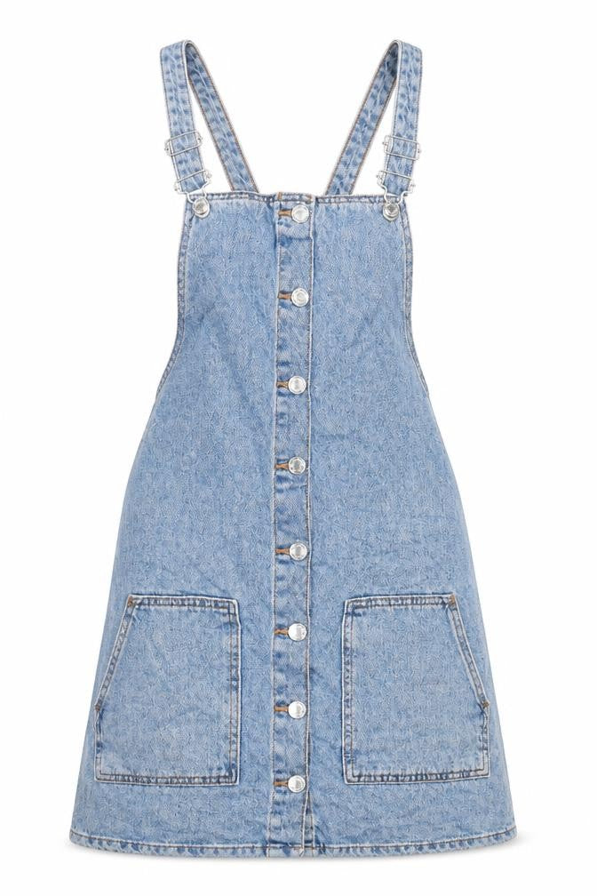 Front view of Denim & Co. women’s blue cotton pinafore/dungaree dress, size UK 10, square neck buckle