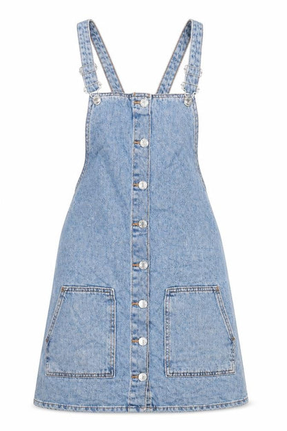 Front view of Denim & Co. women’s blue cotton pinafore/dungaree dress, size UK 10, square neck buckle