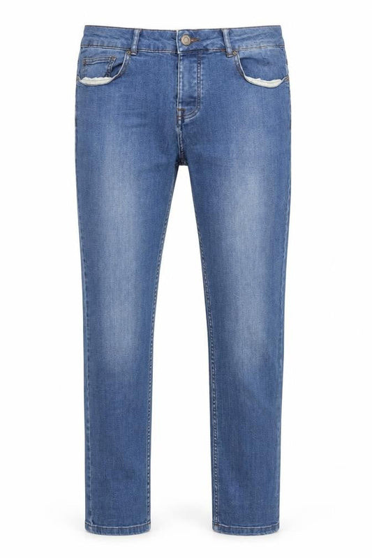 Front view of Denim & Co. men’s blue cotton skinny jeans, size 34, in, 34-inch leg regular zip