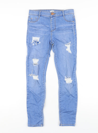 River Island Girls Blue Cotton Skinny Jeans Size 9 Years L24 in Regular Zip