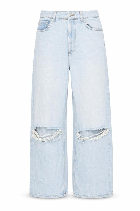 Front view of ASOS women’s blue cotton wide-leg jeans, size UK 30, in, 32-inch leg regular zip